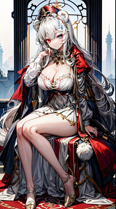 Empress, revealing dress, revealing breast, ((heterochromia)), ((red left eye)), ((blue right eye)), Dominant,arknights,Rosa (arknight),White bear ears, polar bear girl,heterochromia,Queen,Large breast,Official art,LONG hair,Looking at viewer,teasing, thro...