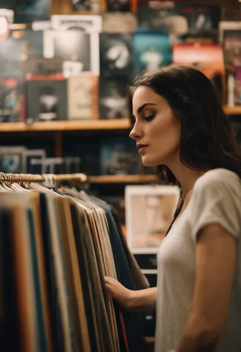 A photo of her browsing through the latest indie rock vinyl records at a local music shop,original,She is a petite brunette with brown eyes. She is very beautiful and realistic looking. She is pale and wears tshirts, female