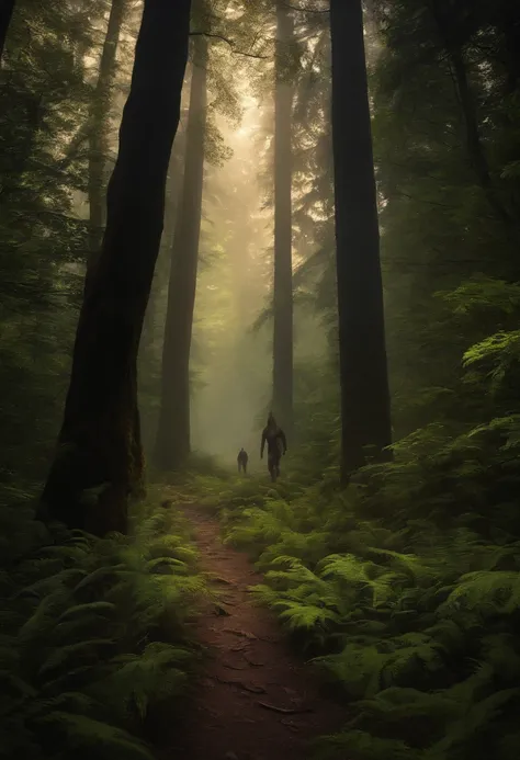 A mysterious and shadowy image of large footprints in the forest, surrounded by dense foliage and towering trees.,original,sasquatch, big foot, hairy, covered in hair, male