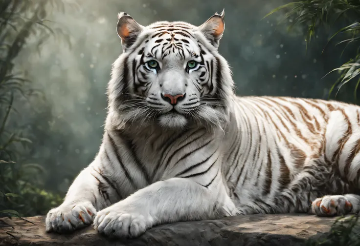 best quality, 4k, 8k, high resolution, (masterpiece: 1.2), ultra detailed, (realistic: 1.37), high quality professional photography of a white tiger