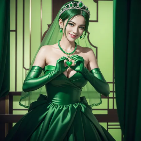 emerald tiara, Green Pearl Necklace, Boyish very short green hair, lipsticks, Japan woman smiling, very short short hair,  big breasts beautiful, Green eyes, Long green gloves made of satin material, Green eyes, Emerald Earrings, green vale, Heart with bot...