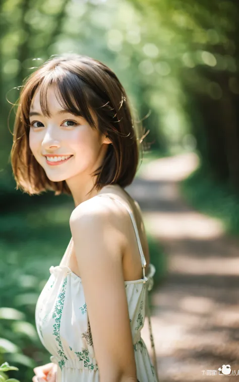 masutepiece, Best Quality, 8K, 1 girl, a Japanese cute girl, In summer, forest, stream, out of focus, 18 yo, Large breasts, cute little, Solo, Mouth closed, Smile, Summer dress, Girly, Delicate girl, Neat and clean beauty, Raw photo, Professional Photograp...