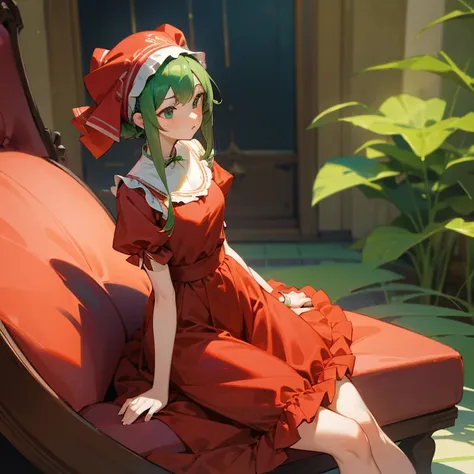 A girl is sitting on a big tomato　Red dress with ruffles　Knee-length skirt　Green headband　W-Sitting