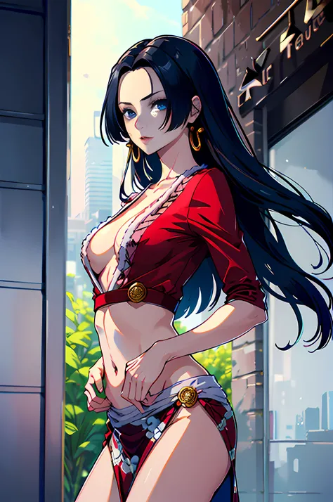 masterpiece, best quality, highres, hancock1, 1girl, boa hancock, large breasts, long hair, crop top, side slit, cowboy shot, (small breasts:1.1), Externally expanded Chest,