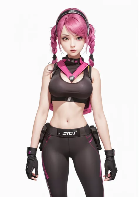 girl with magenta hair wearing gloves, portrait of a female, official character art, masterpiece, best quality, 1girl, solo, ((mature female)), round pupils, looking at viewer, yellow eyes, black sports bra, black legging