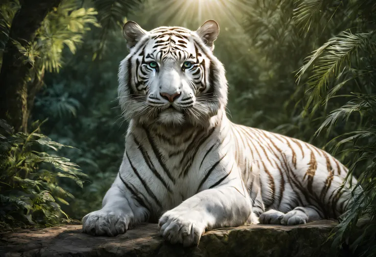 (best quality, high resolution, ultra detailed, realistic: 1.37), professional, studio lighting, HDR, vivid colors, sharp focus, (majestic white tiger: 1.37), wildlife, fierce expression, piercing blue eyes, physique powerful, elegant fur, in a jungle envi...