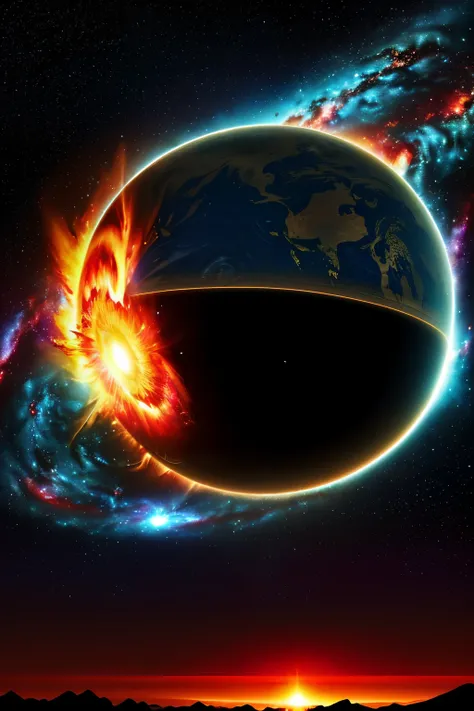 ((Best quality at best)), ((tmasterpiece)), (dramatic scene), The Earth and the Sun collapse into black holes like the Sun, (Post lighting:1.3), It gets darker when the sun comes out, (Epic work:1.2), Earth bathed in red light, (CG animation:1.1), Flames a...