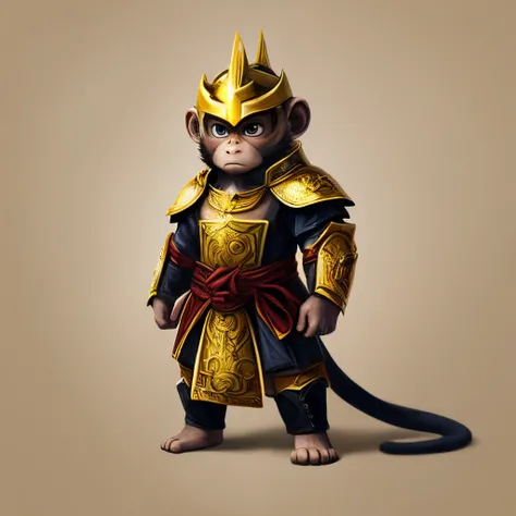 small cute monkey, animal, serious face, full body, wearing golden samurai armor, clear background, masterpiece, no-human