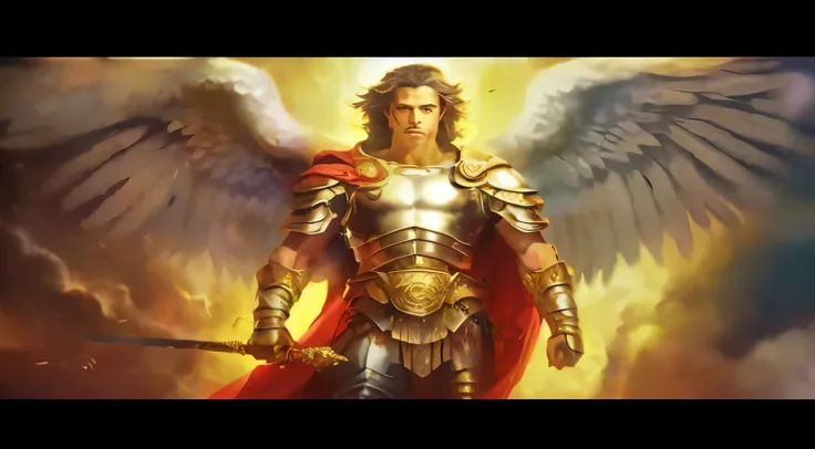 a man in armor holding a sword and a sword in his hand, Arcanjo Miguel, arcanjo, saint michael the angel, angel in plastic armor, cheio de pinturas de anjos, biblical accurate angel, Armadura Dourada Angelical, gold gates of heaven!!!!!!!!, angel spirit gu...