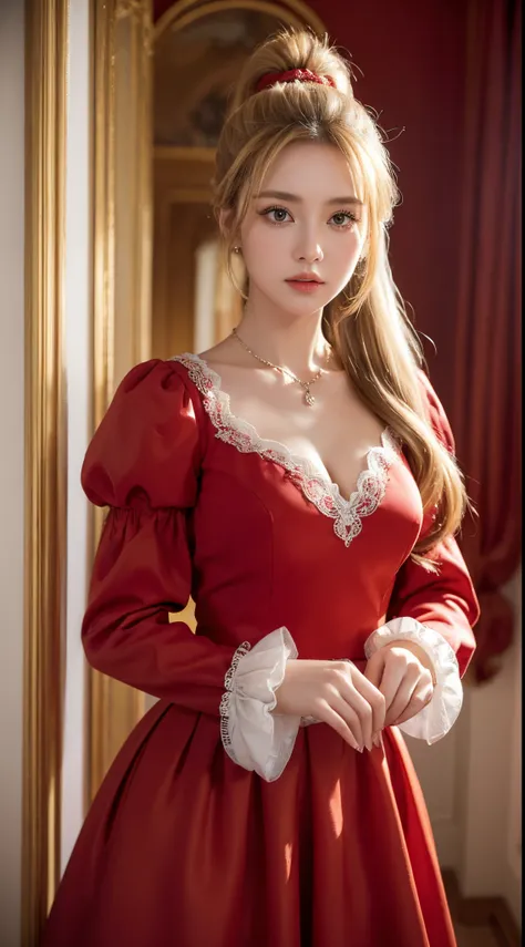 (masterpiece, best quality:1.2), extremely detailed, detailed hair, soft skin, 1girl, solo, mature, mature female, milf, standing, upper body, facing viewer, blonde hair, long hair, high ponytail, long ponytail, bangs, hair between eyes, red eyes, long eye...