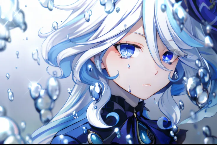 blue eyes, pupils like water drops, blue hair, blue clothes, sad expression, there are water bubbles like rain, photorealistic anime, anime realiam style, kawaii realistic potrait, realistic anime artstyle, beautiful anime potrait, realistic anime style at...