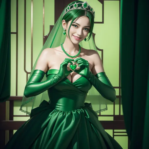 emerald tiara, Green Pearl Necklace, Boyish very short green hair, lipsticks, Japan woman smiling, very short short hair,  big breasts beautiful, Green eyes, Long green gloves made of satin material, Green eyes, Emerald Earrings, green vale, Heart with bot...