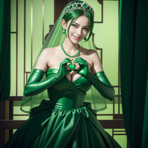 emerald tiara, Green Pearl Necklace, Boyish very short green hair, lipsticks, Japan woman smiling, very short short hair,  big breasts beautiful, Green eyes, Long green gloves made of satin material, Green eyes, Emerald Earrings, green vale, Heart with bot...