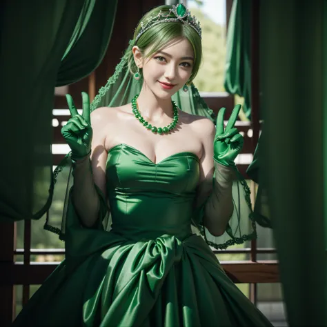 emerald tiara, Green Pearl Necklace, Boyish very short green hair, lipsticks, Japan woman smiling, very short short hair, big breasts beautiful, Green eyes, Long green gloves made of satin material, Green eyes, Emerald Earrings, green vale, v sign