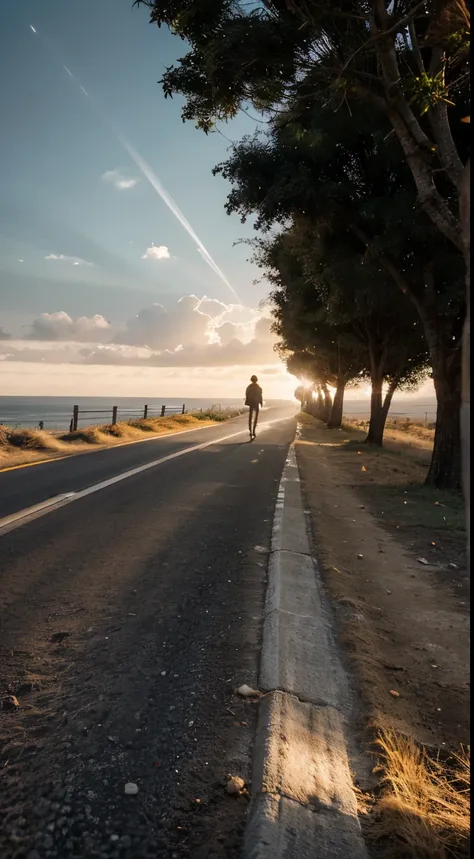 Image Description: Uma estrada estreita envolta por sombras, but as it stretches, a luz dourada do sol rompe as nuvens, iluminando progressivamente o caminho. No horizonte, uma cruz brilha intensamente, representing the presence of God guiding and illumina...