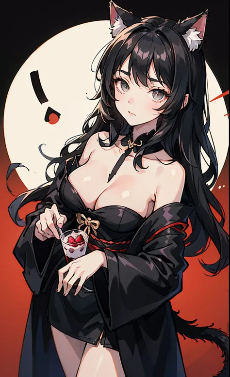 Une femme (long wavy black hair, yeux rouges, corps parfait, fluffy cat ears and a cat tail), adulte et mature, Portant a robe black décolletée with the talons hauts black, elle sirote du vin dans une ambiance chaleureuse, Style anime japonais, 4K, Ultra d...