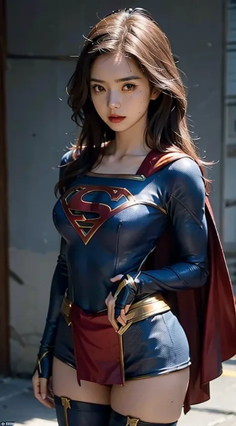 Women with large breasts set their bodies, Supergirl Costume Set, armature, Vibranium, small waist, Slender Legs, very long hair