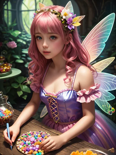 "Beautiful candy girl, little fairies help her in a fairy candy shop , fantasy , mystic , realistic photography , high detail , digital painting , cinematic , stunning , hyper-realistic , sharp focus , high resolution 8k , insane detailing"