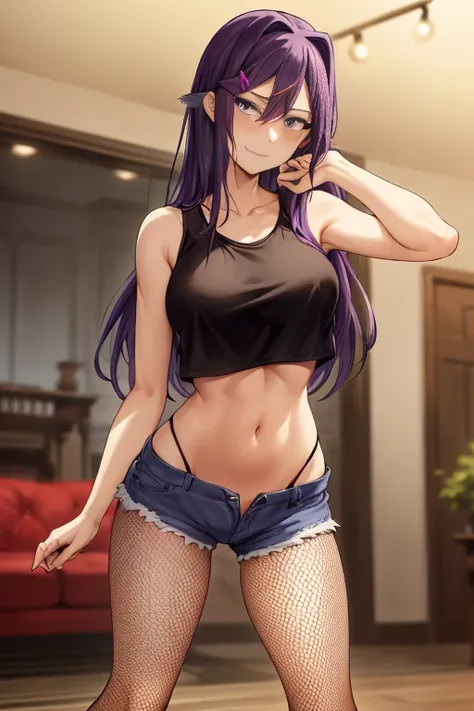 2d, masterpiece, ((standing)), living room background, best quality, full body, full pose, anime, highly detailed, cowboy shot, 1girl, solo, yuri, purple hair, purple eyes, long hair, hair between eyes, hairclip, medium breasts, underboob, ((black tank)), ...