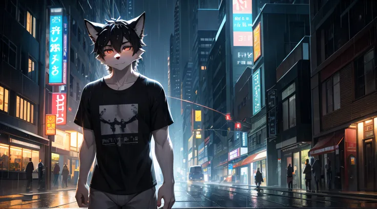 The light gray fur fox boy has a handsome face, Determined eyes, brunette color hair, Hairy limbs, Rainy city street, Glowing T-shirt, Beautiful light and shadow、ambient light、Ultra-fine fur、Volumetric light is very detailed