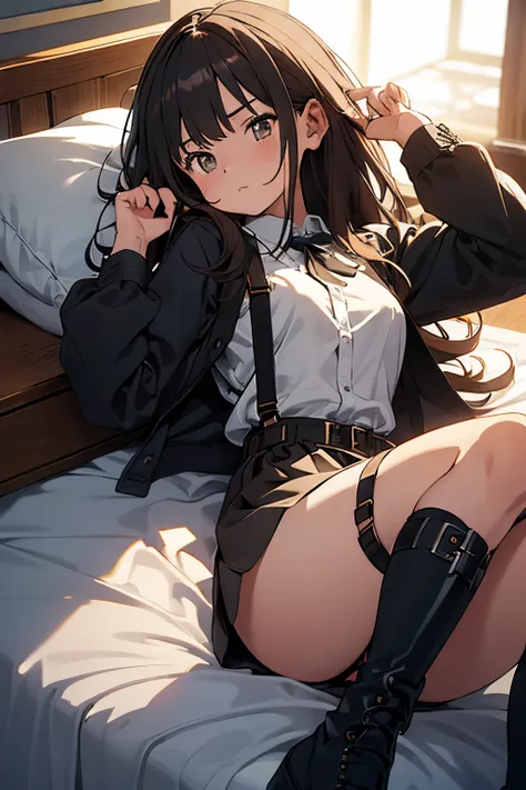 ​masterpiece、flat-colors、depth of fields、lens flare 1 girl、、Brown hair、watching at viewers　　　black suspenders　　　Bulging big breasts　　 　 　　　walls: 　Black miniskirt　garters　　　　　　Gaze　　　Small face　bangss 　　　holster　　Belt Armament　Beautuful Women　srestrained　h...