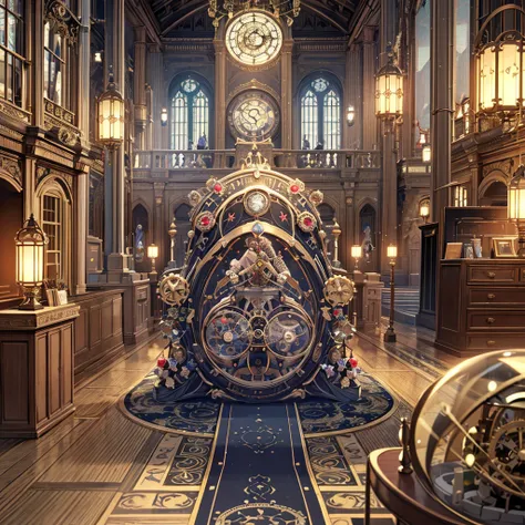 absurdres, best quality, fine detailed, 8k, no humans, Many huge colorful clocks and gears floating in a dimly lit large room, a huge karakuri clock decorated with crystal texture, gears of various sizes, clock-themed ornament, silver chain, steampunk, ray...