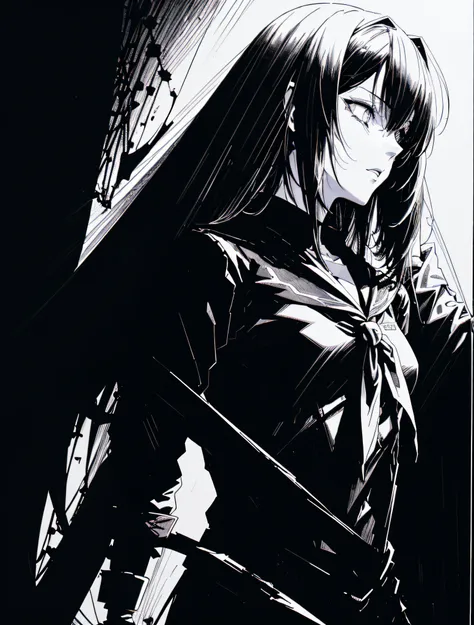 v5lcn style,ink art,(best quality,masutepiece:1.2),(black and white comic core:1.1),(linear art_anime),(extreme high contrast),d...