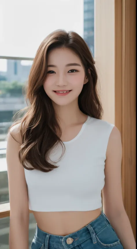 ((Best Quality, 8K, Masterpiece: 1.3)), 1 Girl, Slim Abs Beauty: 1.3, (Hairstyle Casual, Small: 1.2), Super Slender Face, Delicate Eyes, Double Eyelids, Smile, Home, City