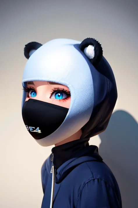 plain white background with realistic shadows. a bored bear with detailed 4k big eyes wearing a white face mask and a cyan hoodie with a white jacket on, realistic lighting and shadows detailed 4k image, 8K 3D, trending on artstation, 8K 3D, Rendered in Ci...