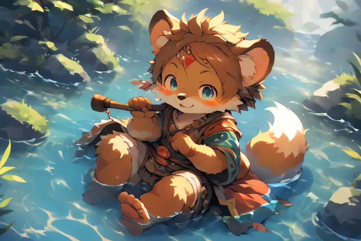 Anime style illustration of fox fishing with fishing rod in river, Cute and detailed digital art, Very very beautiful furry art, Detailed fanart, high-quality wallpaper, dress up as a fisherman 🧥, furry fantasy art, Popular topics on artstation pixiv, High...