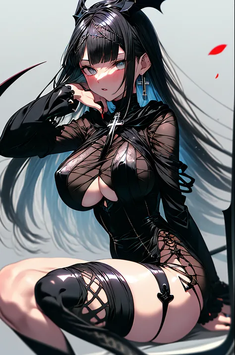 (best quality,ultra-detailed,realistic:1.37),Caliope Mori,1girl,busty,breast cleavage,viewing viewer,sheer fabric,great scythe,holding,sonata,headpiece,dress,black dress,bangs,thighs,black nails,parted lips,petals,studded shoes,blushing,manicure,sitting cr...