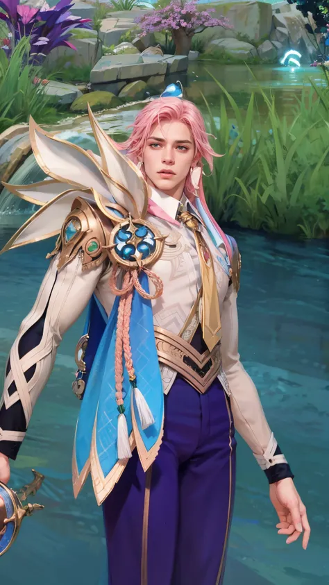 Best quality, masterpiece, detailed skin texture, detailed clothes texture, detailed face, super detail, 8k, intricate detail, 1 boy, The color doesnt change, Muscle guy, 1 guy, pink hair