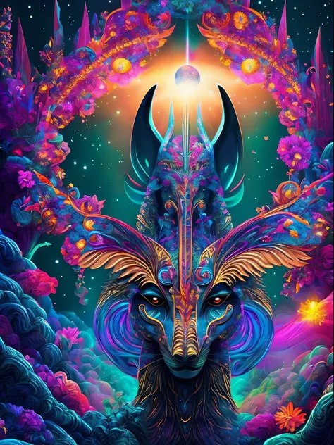 the prompt for the given theme would be: "anubis in a psychedelic and surreal world, ultra-detailed, with vibrant colors and lig...