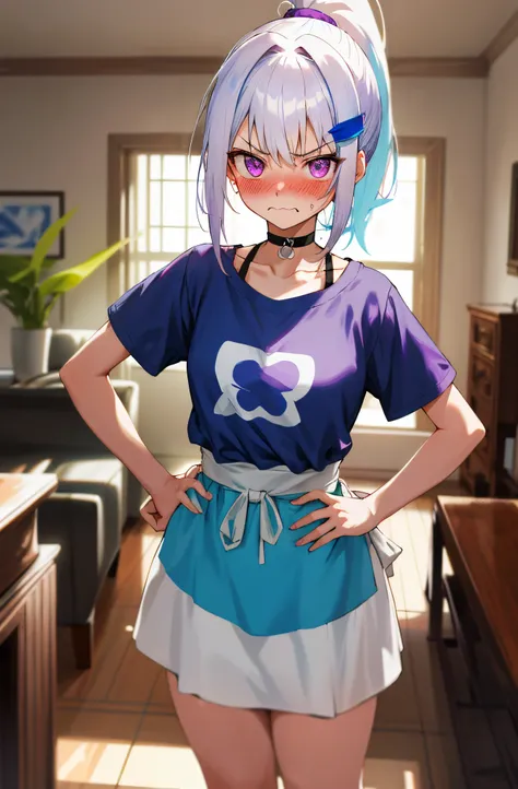 One girl with high ponytail hair, white hair, blue inner hair, purple eyes, looking at viewer, angry, blushing, embarrassed, indoor, living room, t shirts, mini skirt, apron, thigh, slim, dizzy, choker, mid-chest, wide hips, perfect waist, morning atmosphe...