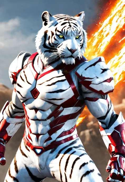 In the firey world of the Tekken game, a stunning white tiger wearing iron man suite emerges as a formidable and awe-inspiring combatant, best quality, highres, 16k