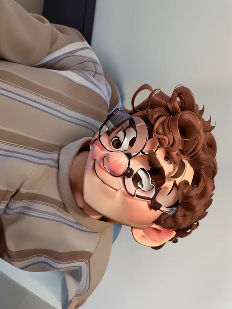 A man with glasses, light brown, curly hair and cheerful