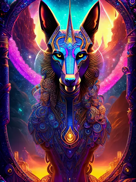 the prompt for the given theme would be: "anubis in a psychedelic and surreal world, ultra-detailed, with vibrant colors and lig...