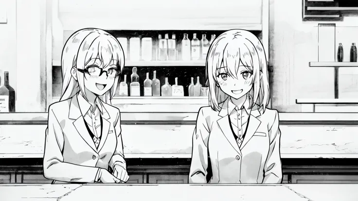 eye glasses、two girls at the bar、Looks fun、Dressed in a suit、Laugh、line-drawing、monotone