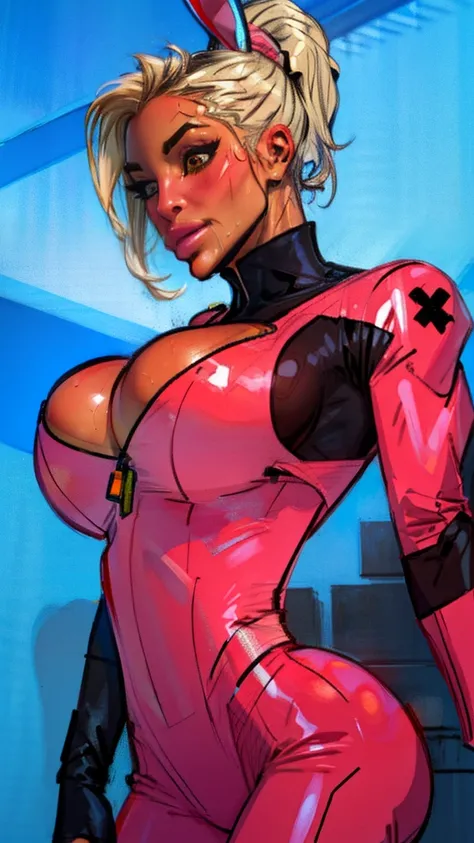 Drawing of hot female katopunk, sweating, sweaty, slight tan, big boobs, tan skin, flustered, blush, bunny suit, bunny suit, platinum short hair, ponytail, bunny girl, pink suit, plump, playbunny, vibrant colors, dynamic lighting, mixed media artwork, blan...