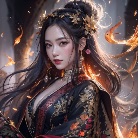 a woman with long hair and a black dress stands in front of the fire, flames surround her,she has fire powers, epic fantasy digi...