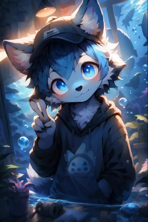 masterpiece, best quality, bright eyes, detailed eyes, furry, wolf, male, baggy clothing, baseball cap, v sign, (head tilt:1.3),...