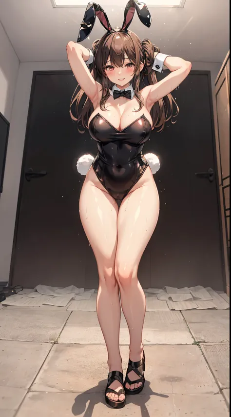 1girl in, Parted lips, blush, makeup, lightsmile, Full body, Wide Angle, frombelow, crass room, llight rays, Glow, thighs thighs thighs thighs, 鎖骨, Narrow waist, (masutepiece), (Wearing a bunny costume:1.3)、Black costume、Colossal tits、a wet body、full of sw...