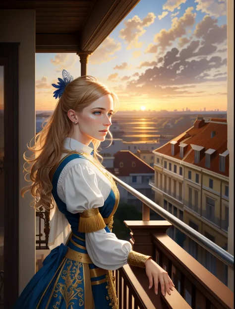 Emma Waston on the balcony, taken from behind, (epic realistic:1,1), detailed, cinematic, hyperrealistic, ((intricate details)), detailed eyes, hdr, ((intricate details, hyperdetailed)), digital painting, specular light, subsurface scattering, sun setting ...