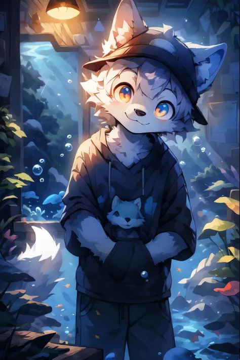 masterpiece, best quality, bright eyes, detailed eyes, furry, wolf, male, baggy clothing, baseball cap, (head tilt:1.3), high sa...