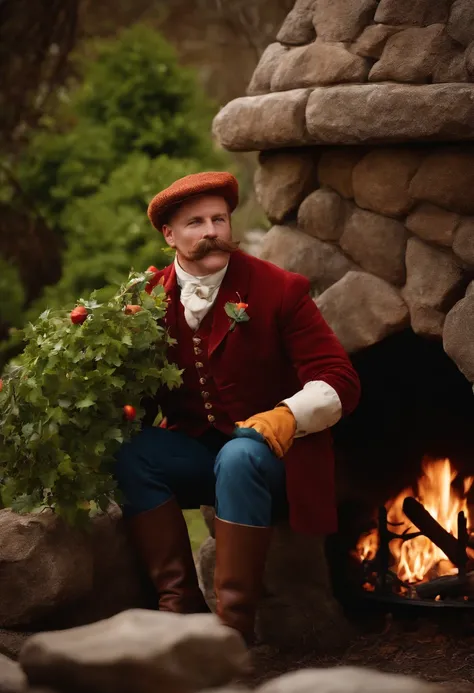 A close-up of FireplaceFrank wearing fire-themed gardening gloves and pruning a vine near a outdoor stone fireplace.,original,FireplaceFrank has red hair and a handlebar moustache, male