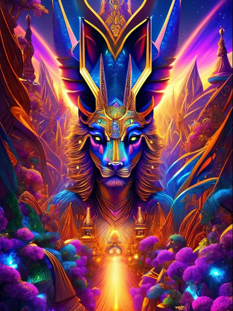 "anubis in a psychedelic and surreal world, ultra-detailed, with vibrant colors and lighting effects, creating a masterpiece wit...