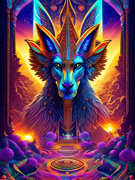 "Anubis in a psychedelic and surreal world, ultra-detailed, with vibrant colors and lighting effects, creating a masterpiece with 8k and 4k resolution. Anubis is depicted with intricate details, merging with the surroundings seamlessly. The artwork showcas...