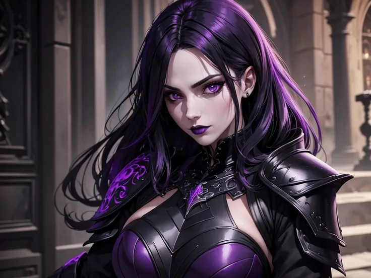 An adult vampire wizard character wearing a very detailed and beautiful gothic armor in black and purple color. Seu cabelo com corte em estilo curto, black lip color, cor roxa dos olhos;, manto, capuz, caminhando, 8k, Magnificent, Black and purple Gothic a...