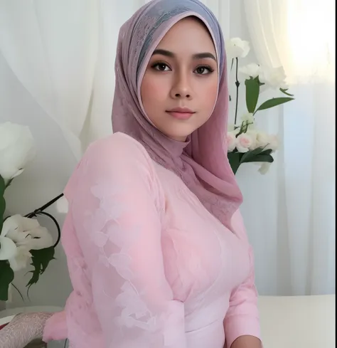 beautifull hand, perfect hand, realistic hand, malay girl wearing hijab, 48 years old beautiful woman. ((lace bra and panties)),...