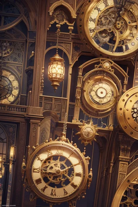 absurdres, best quality, fine detailed, 8k, no humans, Many huge colorful clocks and gears floating in a dimly lit large room, a huge karakuri clock tower decorated with crystal texture, gears of various sizes, clock-themed ornament, silver chain, steampun...